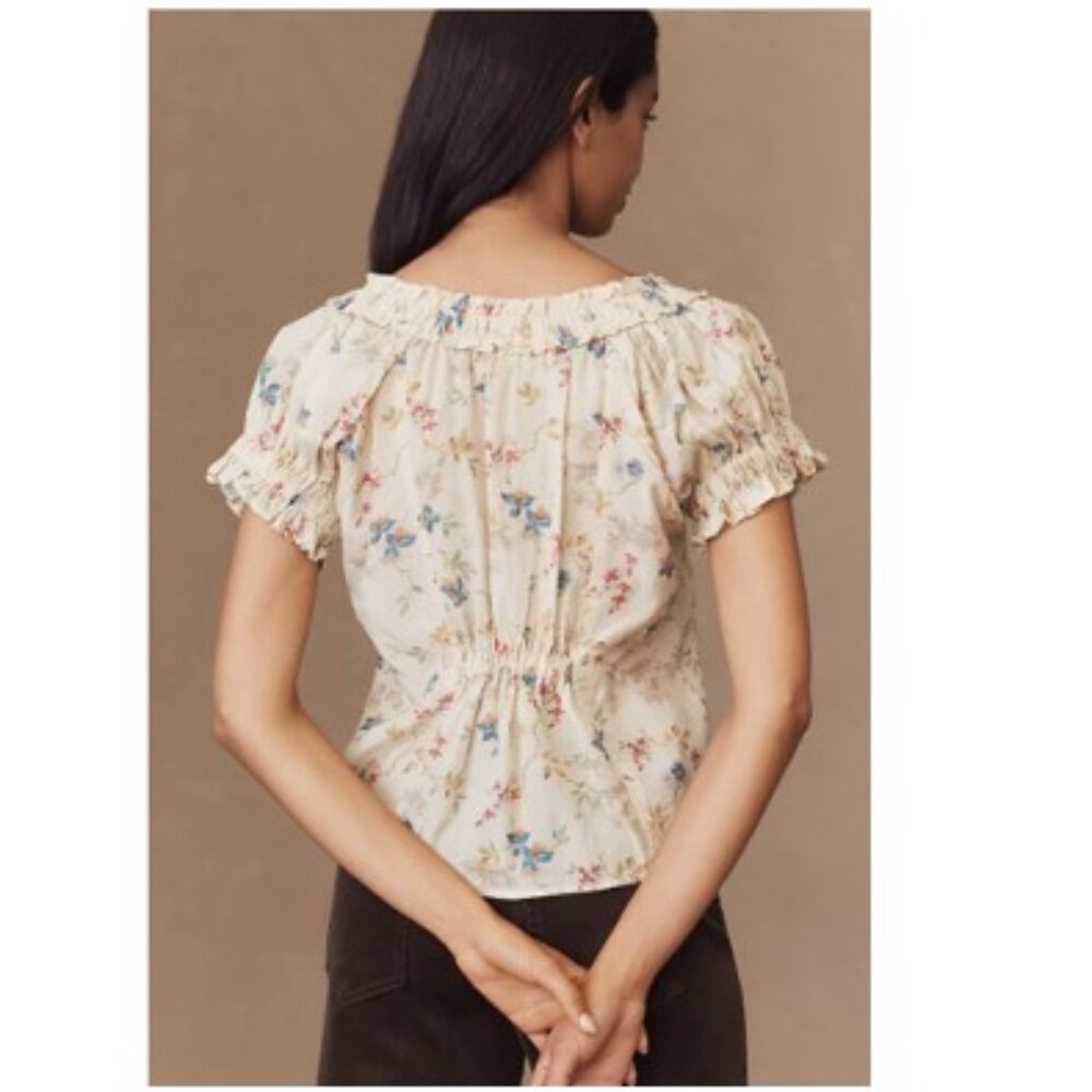 Anthropologie Pilcro Sheer Ruffle Puff-Sleeve Blouse Ivory Floral–Size Small-NWT - Picture 2 of 8